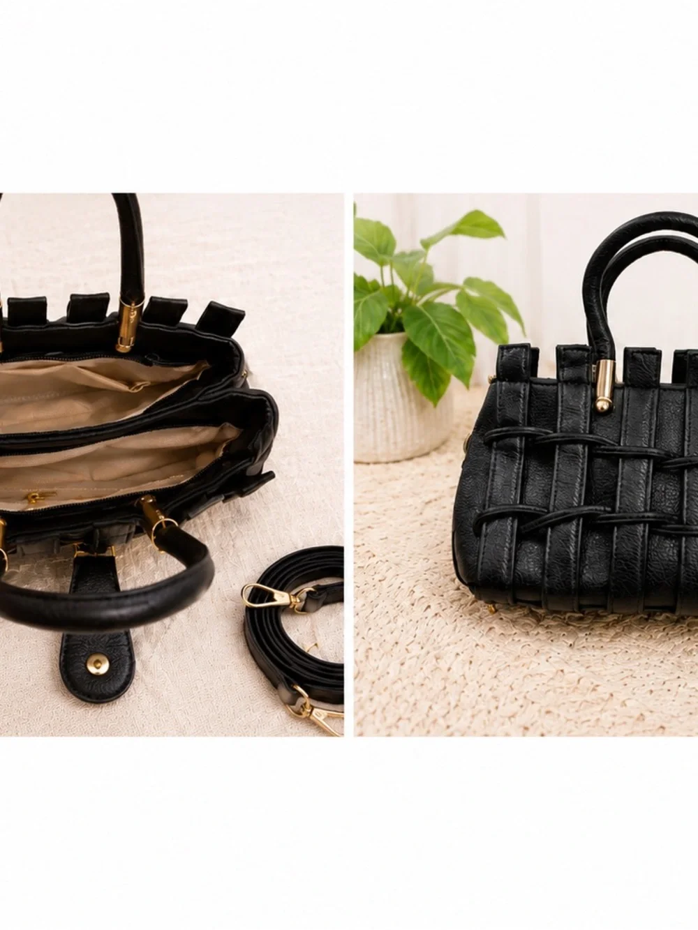 Black Woven Leather Top-Handle Bag - Classic Handbag